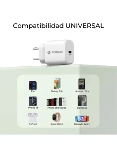 SUBBLIM Cargador USB-C GaN 20W , Power Delivery 3.0 & PPS, Enchufe Rápido para iPhone 16-12, iPad, Galaxy S24-S20, Pixel 9-6, Xi 2